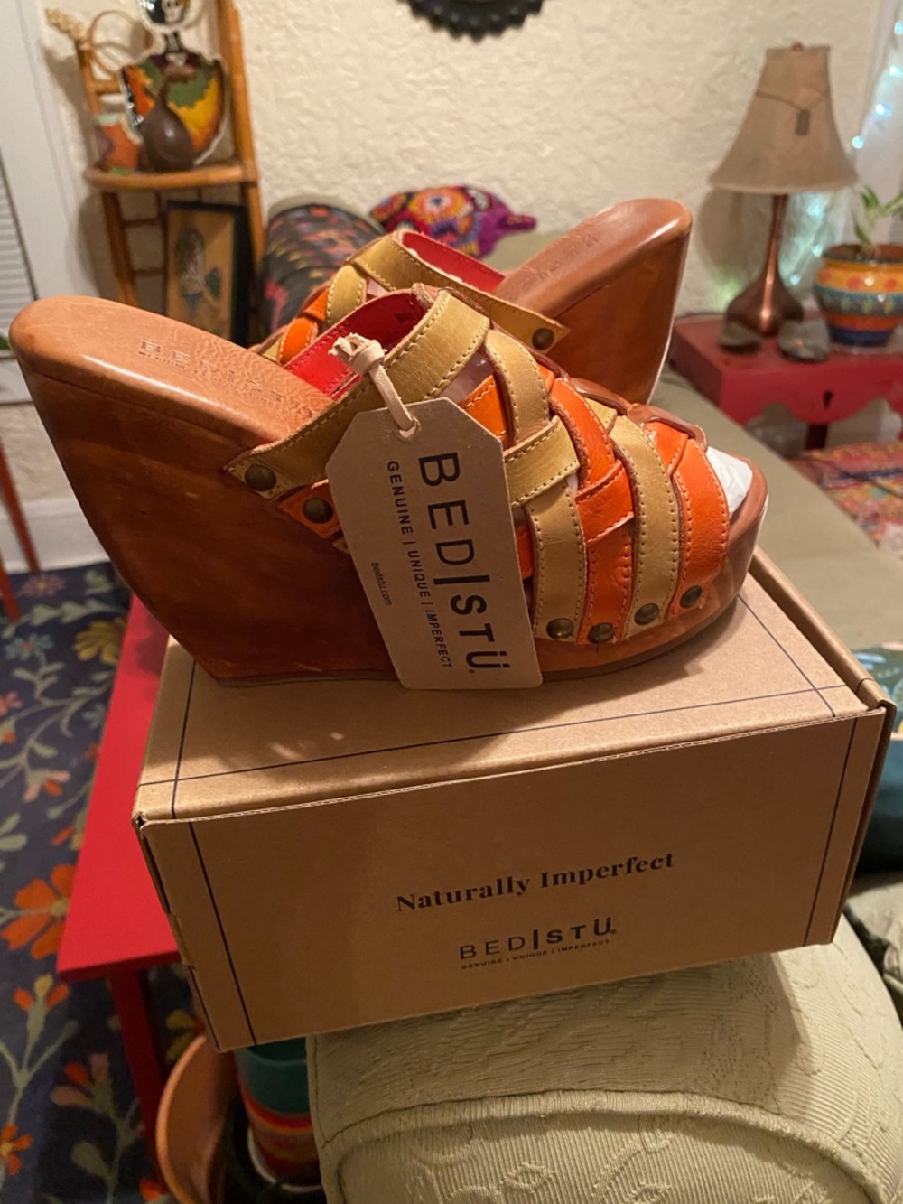 NIB Bed Stu Josie II 2 Melon Rustic Platform Slide Leather Woven Sandals